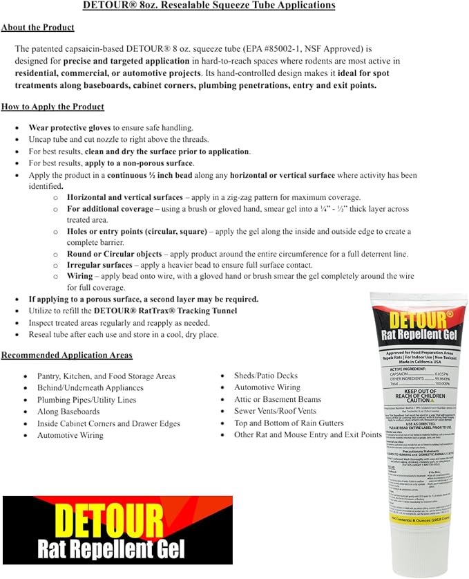 Detour Rat Repellent Gel Professional Grade Rat Mice Repellent 8 oz Squeeze Tube NSF-Approved for Food Preparation Areas Protects Car Engine Wires & Outdoor Grills from Rodents