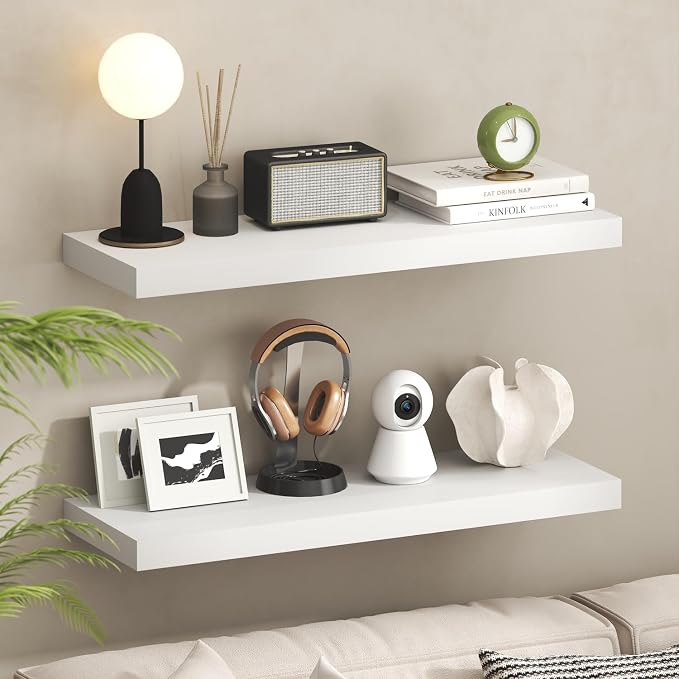 Furinno Tanna Floating Shelves for Wall, 12 x 35 Wall Shelf, Single Set Wall Mounted Floating Shelf with Invisible Bracket, 2-Inch Thick, for Bathroom, Living Room, Bedroom, Home Office, White