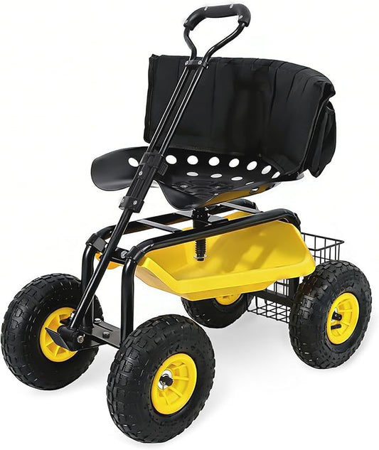 Sekey Garden Cart Rolling Workseat with Backsupport & 360° Swivel Seat, Heavy Duty Garden Scooter with Adjustable Height, Tool Tray, All-Terrain Wheels, 440 lbs Capacity for Seniors & Gardeners