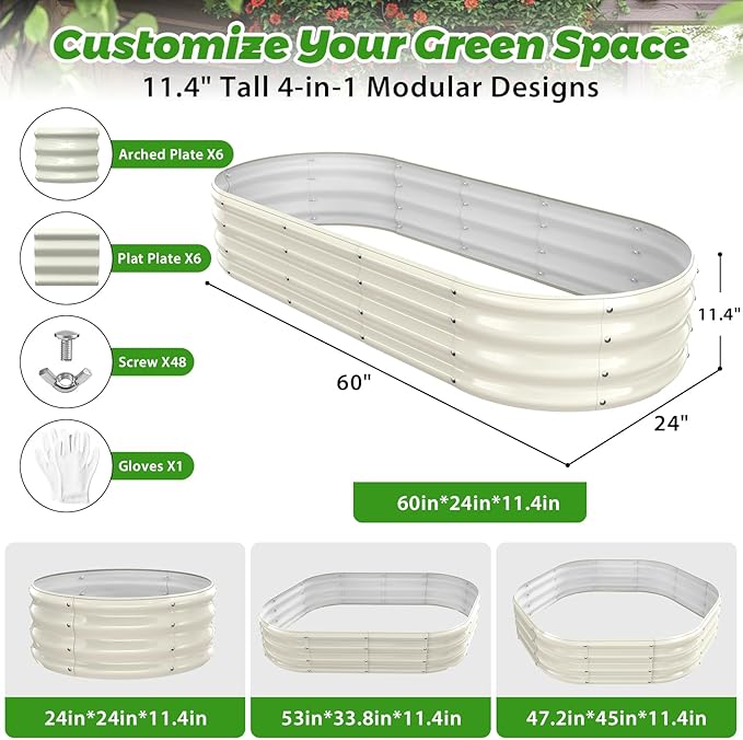 Oval Raised Garden Bed, 5 x 2 x 1FT, Galvanized Steel Planter Box with Wave-Shaped Metal Panels Painted for Outdoor Flower,Tree,Herb & Vegetable Garden (White, 60X24X12 inches)