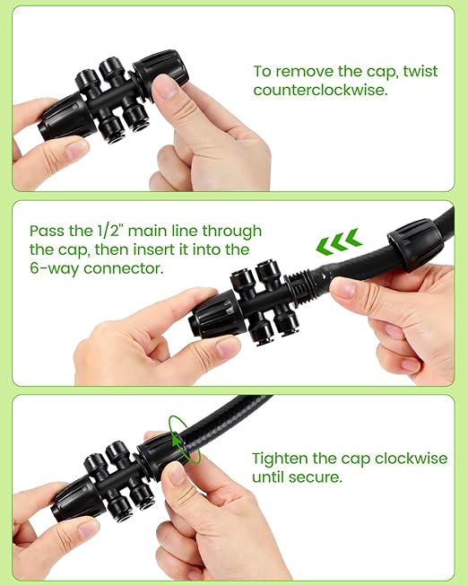 6 Pack Drip Irrigation Parts, Quick Connect 6-Way Fittings, 1/2" to 1/4" Tubing Splitter for Garden & Farm Irrigation System