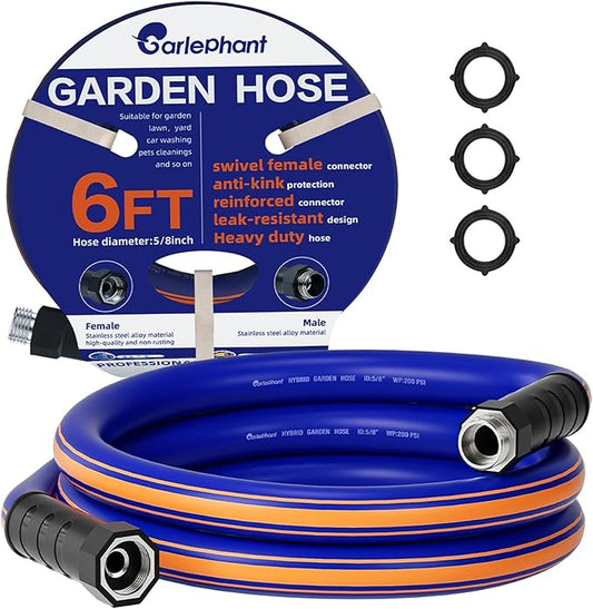 short garden hose 6 feet x 5/8Inch, short water hose with Swivel Handle, Heavy Duty, Flexible, Sturdy, Lightweight, Male to Female Fittings