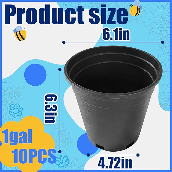 10Pcs 1 Gallon 6 inch Plant Nursery Pot Flower Seedling Injection Molded Container Plastic Garden Planter Pots with Drainage Holes Suitable for Vegetables Flowers Plants Black