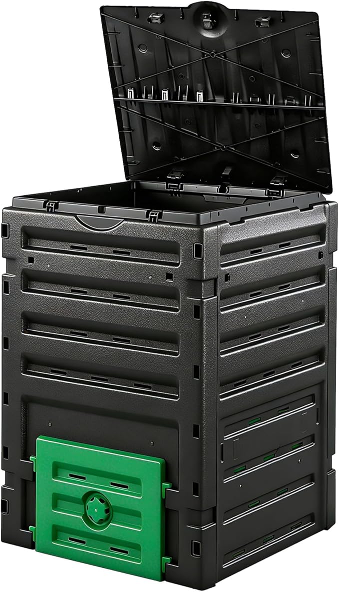 SUPER DEAL 120 Gallon Compost Bin, 450L Outdoor Garden Waste Composter with Flip-top Lid and Bottom Door, Large Capacity BPA Free Material for Fast Creation of Fertile Soil, Easy to Assemble, Black