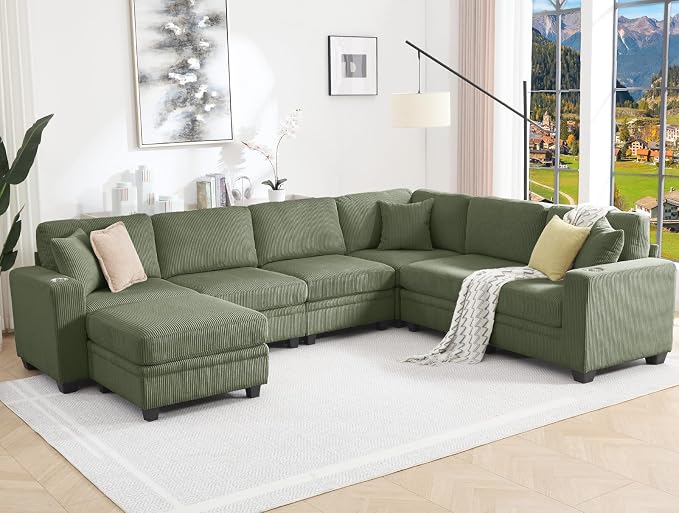 127" Modular Sectional Couch with Storage, Corduroy 7-Seater V Shaped Sofa with Ottoman Chaise, Removable Sofa Cover, Cloud Modular Sofas for Living Room, Apartment