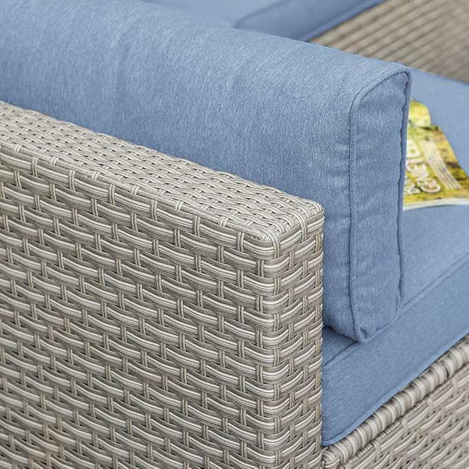 COSIEST 2-Piece Outdoor Furniture Add-on Armless Chairs for Expanding Wicker Sectional Sofa Set w Denim Blue Thick Cushions, 2 Stripe Woven Pillows for Garden, Pool, Backyard