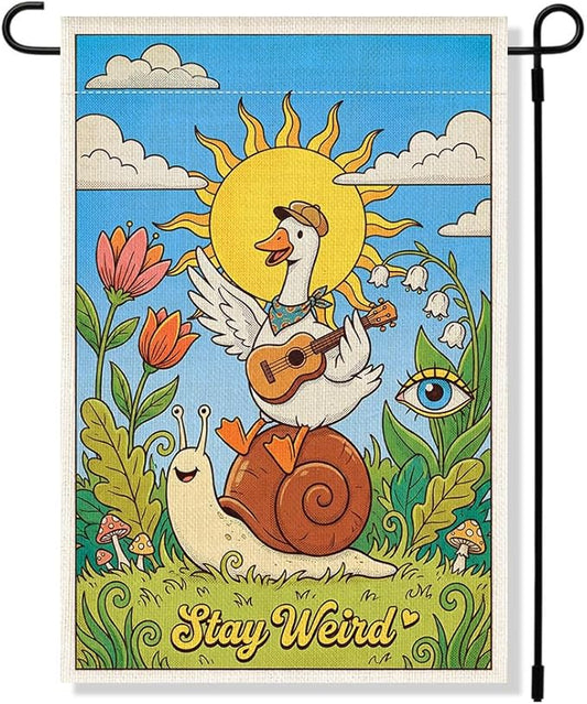 RZHV Stay Weird Double-Sided Garden Flag for Outdoor House Yard Sign Garden Decor Parade, Funny Snail Silly Goose Sun House Patio Outdoor Banner Decoration, Diversity Inclusion Yard Sign