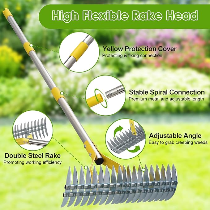 2-in-1 Thatch Rake for Lawn Long Stainless Steel Thatching Rake with Sharp Dethatching Blade Manual Dethatcher & Scarifier Tool for Dead Grass Removal,Soil Loosening Garden Yard Lawn Care (55inch)