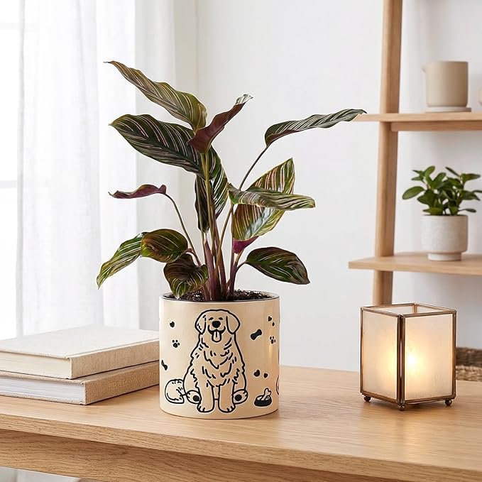 STHIE Ceramic Plant Pots with Drainage Holes, 5 inch Round Flower Pots for Indoor Plant, Cute Flower Planters for Snake Plant, Hand-Painted Garden Pots (Sitting Dog)