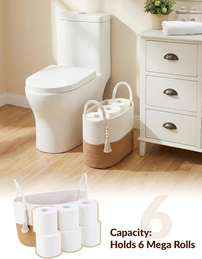 NiHome Toilet Paper Basket, Foldable Boho Cotton Rope Bathroom Organizer