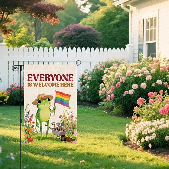 Everyone is Welcome Here Garden Flag, Inclusion Kindness Diversity Equality Yard Banner, Funny Frog Flag, LGBTQ Pride Month Banner, Welcome Home Classroom Community Lawn Liberal Outdoor Decor