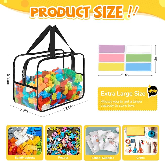 8 Packs Black Widen X-Large Toy Storage Bags 12.6×9.25×6.9In with Labels, Reusable Clear PVC Board Game Storage, Travel Waterproof Organizer Bags with Zipper for Building Blocks, Puzzle