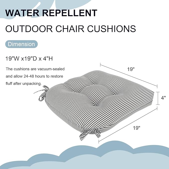 DYTXIII Set of 2 Outdoor Chair Cushions 19"x19"x4", Water Repellent Tufted Patio Seat Cushions with Ties, Thick Replacement Pads for Wicker Dining Chairs, Patio Furniture, Stripe Grey