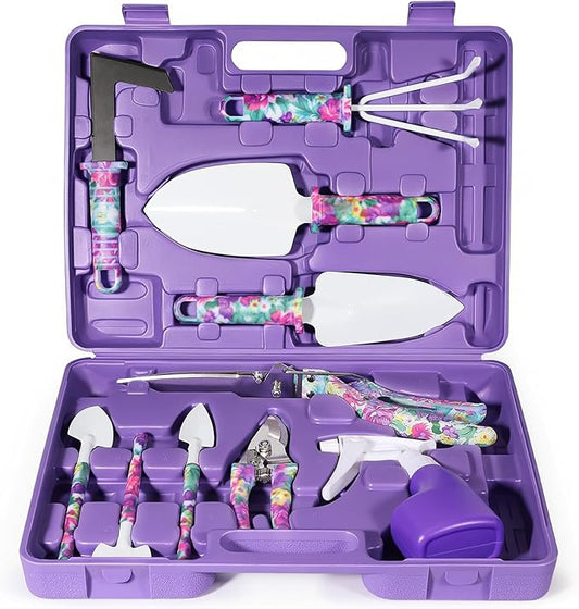 Gardening Gifts for Women, Gardening Tools for Mom Grandma Wife, 10 Pcs Garden Supplies mit Protable Case, Ergonomic Handle Trowel Rake Weeder Pruner Shears Sprayer Present Purple