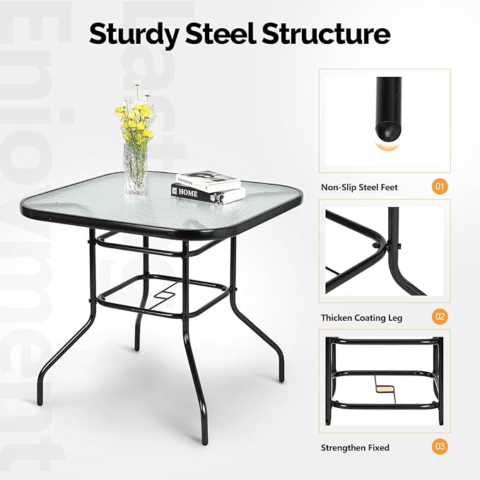 VINGLI Glass Patio Table with Umbrella Hole, 32" Square Outdoor Dining Table Steel Tempered Glass Patio Tables Outdoor Tables for Balcony Garden Deck