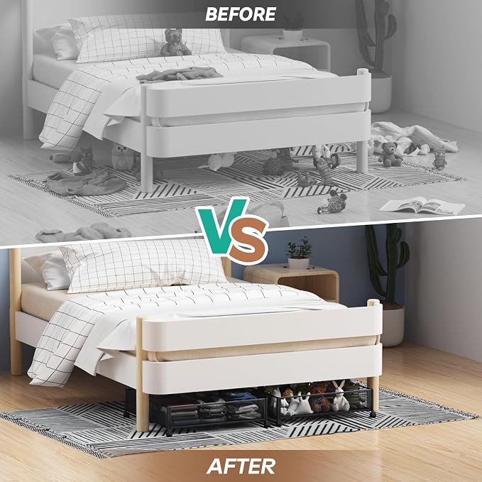 PHINOX Under Bed Storage with Wheels & Handle,Metal,Large,4 Pack,Black