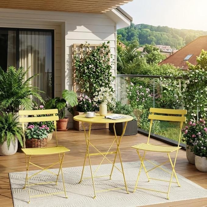 Garvee 3-Piece Folding Bistro Set Outdoor Patio Furniture, Space-Saving Foldable Chairs & Table with Heavy-Duty Powder-Coated Steel Frame, No Assembly Required, for Garden, Balcony, Backyard, Yellow