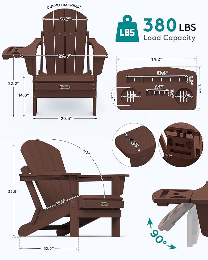 SERWALL Folding Adirondack Chair for Outdoor, Paito Adirondack Chairs with 4 in 1 Cup Holder, All-Weather Patio Chairs with Wood Texture, Fire Pit Chairs for Deck Porch Garden Poolside -Coffee