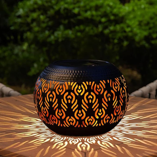 Solar Table Lanterns Outdoor Waterproof - Dancing Flickering Flame Lamp Black Peacock Feather Metal Tabletop Light Solar Powered Decorative Lantern for Desk Bedroom Patio Garden Pathway Yard (1 Pack)