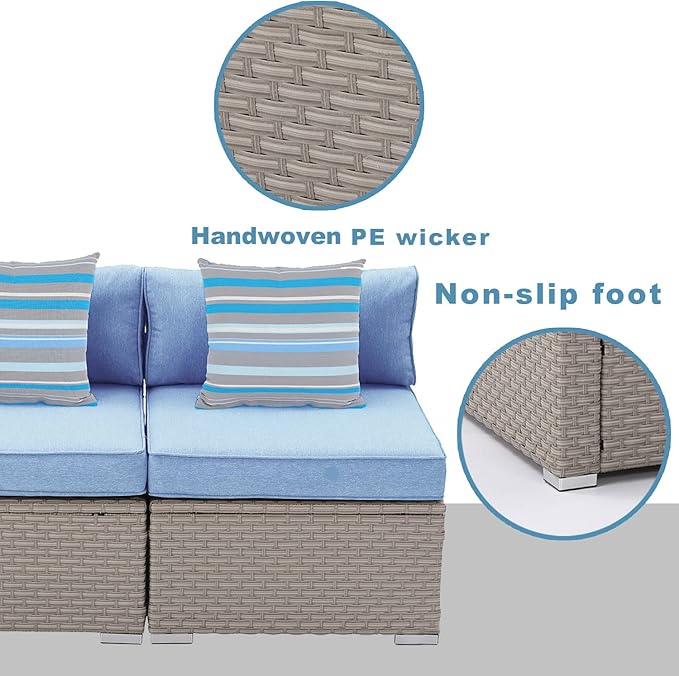 COSIEST 2-Piece Outdoor Furniture Add-on Armless Chairs for Expanding Wicker Sectional Sofa Set w Denim Blue Thick Cushions, 2 Stripe Woven Pillows for Garden, Pool, Backyard