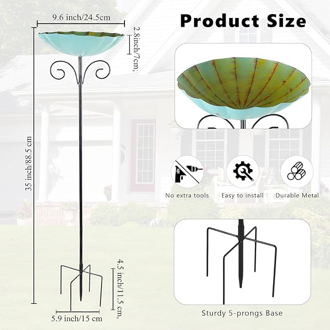 Metal Bird Baths for Outdoors, 39" H Birdbath with 10 Inch Bowl, Standing Bird Bath & Bird Feeder with Stake for Outside Garden Patio Yard Lawn Decor, Yellow Green