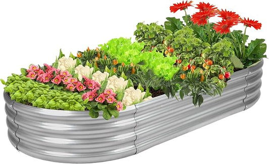 Rakukiri Raised Garden Bed GRS Certified Galvanized Planter Box Outdoor, 6.5ft Oval Rot-Resistant Metal Garden Bed Planter, Recycled Material Planter for Vegetables Flowers Herbs (Silver)