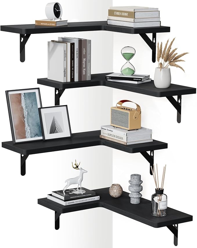 Amada Corner Floating Shelves, Paulownia Wood, Set of 4, Black | Corner Wall Shelves with Triangular Metal Bracket, 44 lbs Capacity per Shelf, L-Shaped Design for Home Decor, Kitchen Storage
