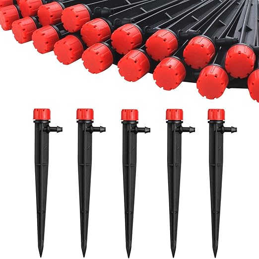 50pcs Drip Emitters for 1/4" Drip Irrigation Tubing, Adjustable 360 Degree Water Flow Drippers on 5" Arrow Stake, Garden Irrigation Drippers for (4-7mm) Watering System