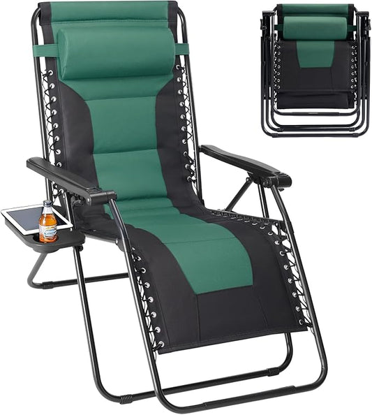 Sweetcrispy Zero Gravity Chairs, Foldable Patio Reclining Chairs with Adjustable Pillow & Cup Holder, Oversized Portable Support 400 lbs, for Backyard Camping(Black-Green)