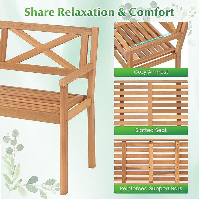 Tangkula Acacia Wood Outdoor Loveseat Bench, 2-Person Patio Garden Bench with Armrests & Backrest, Slatted Wooden Outside Seating Furniture for Backyard, Porch, Deck (X-Shaped Backrest)