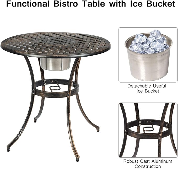 Giantex 3pcs Bistro Table Set Cast Aluminum Outdoor Patio Furniture Set Round Table W/Removable Ice Bucket, 2 Chairs Antique Garden Furniture Weather Resistant (Antique Bronze)