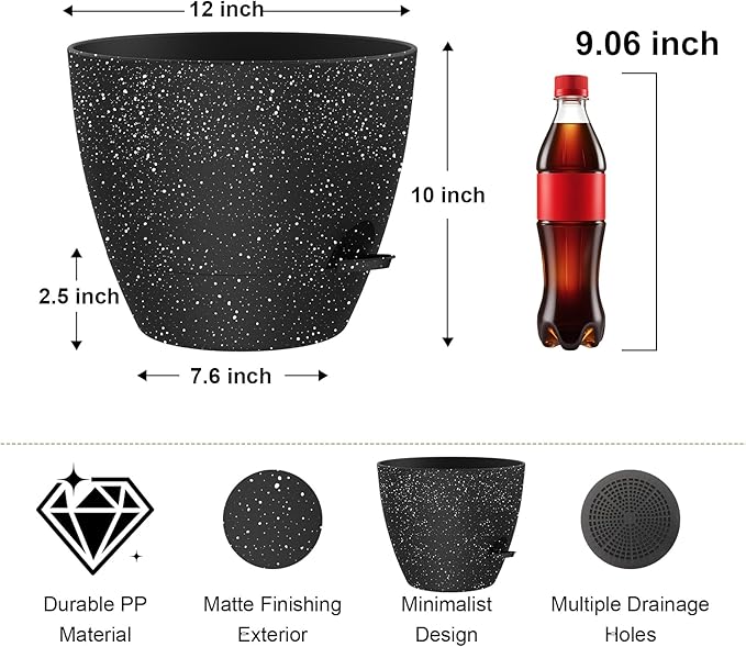 Self Watering Pots, 12 Inch Large Flower Pots with Multi-Mesh Drainage Holes and Saucer, Planters for Indoor and Outdoor Garden Plants (Speckled Black)