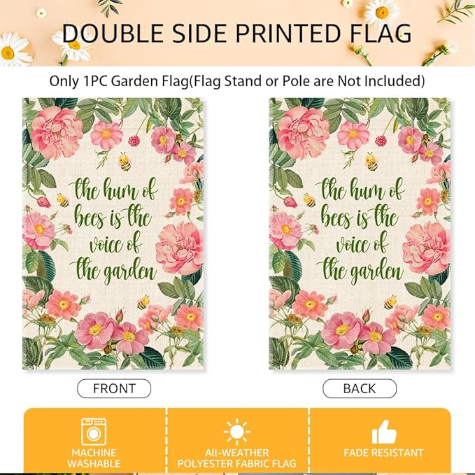 The Hum Of Bees Is The Voice Of The Garden Flags for Outside, Bees Friendly Garden Flag, Honey Bee Floral House Banner, National Pollinator Week Yard Sign Decor, Gardening Gifts for Bee Lover
