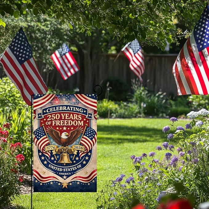BLKWHT 250 Years America Garden Flag 12x18 Vertical Double Sided USA 250th Anniversary Freedom Eagle Banner Patriotic 4th of July Outside Decorations Burlap Yard Flag BW866