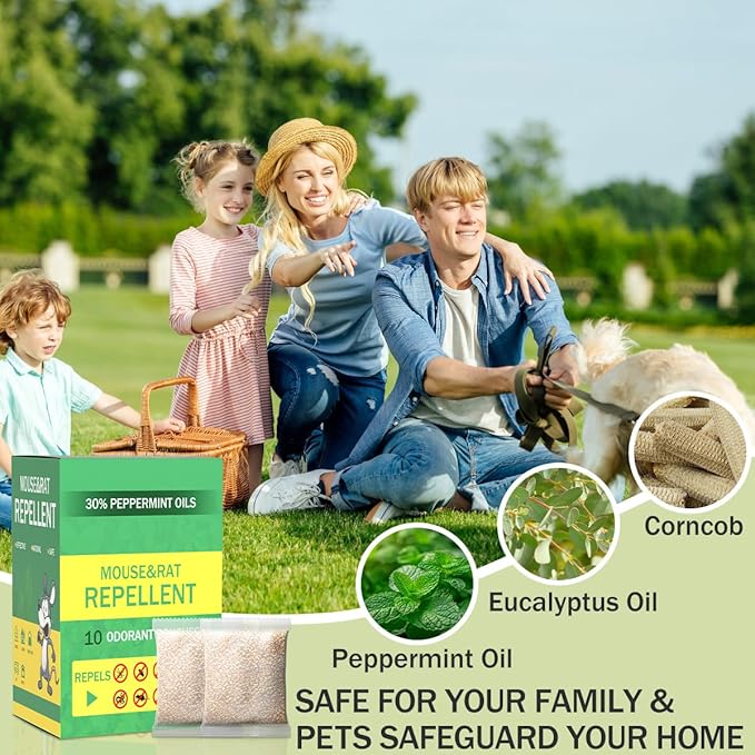 Mouse Repellent Pouches,Rodent Repellent Indoor Outdoor, Natural Peppermint Oil Rodent Deterrent Control for Car Engines Garden Garage RV Storage Kitchen Basement, Safe for Pets & Family(10 Packs)