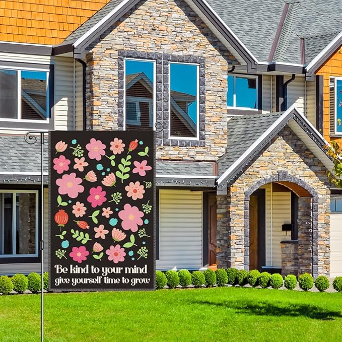 Perfectinsoy Be Kind to Your Mind Give Yourself Time to Grow Garden Flag, Mental Health Yard Banner, Self Love Flowers Garden Flag, Be Kind Your Mind Outdoor Decor, Mindfulness Gifts for Friends