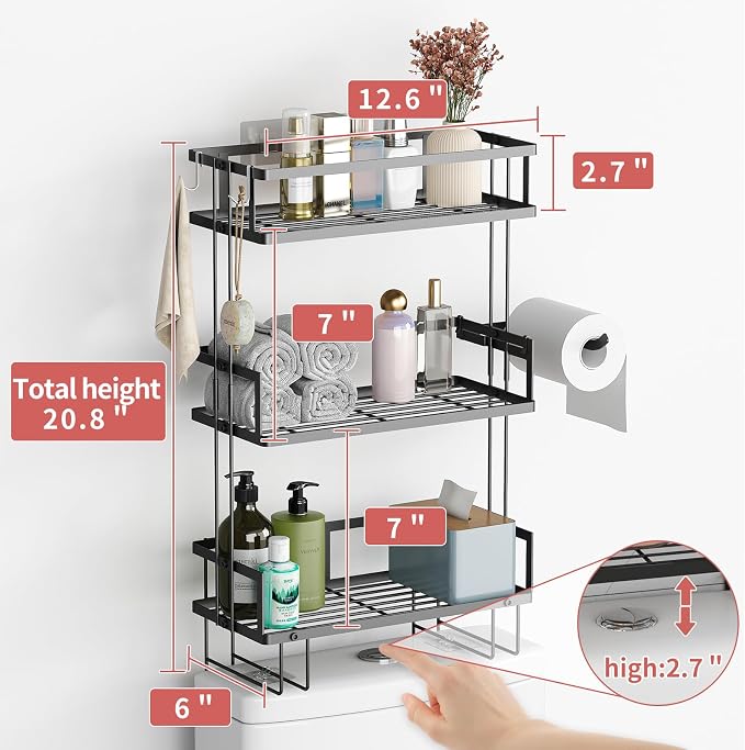 Godboat 3-Tier Over Toilet Storage Shelf, Wall-Mount with 2 Hook/Paper Rack