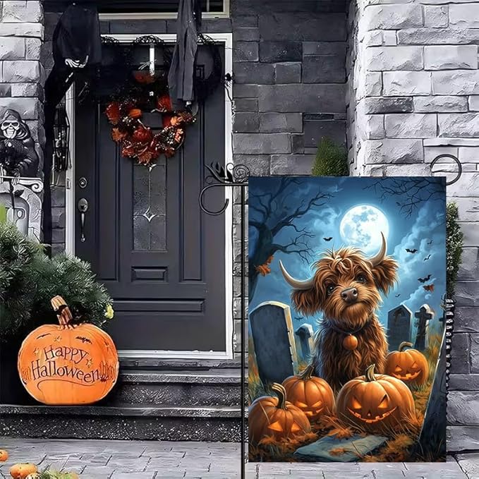 Happy Halloween Garden Flag 12x18 Double Sided, Small Burlap Holiday Graveyard Pumpkin High Cow Garden Flags for Outside Halloween Decorations Outdoor Yard Lawn Porch Décor