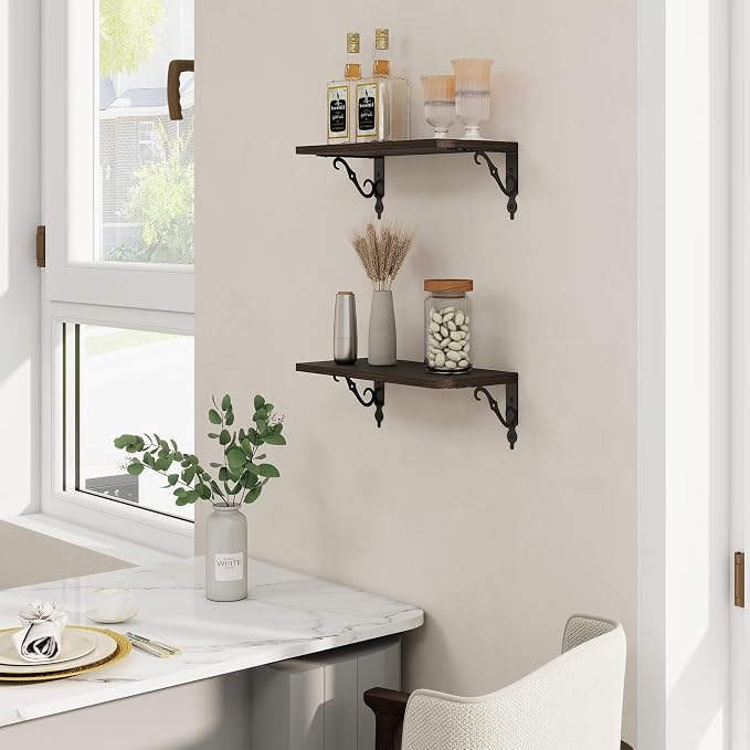 RICHFOCUS Floating Shelves for Wall Decor, 8 Inch Deep Shelves Set of 2, 16W x 8D Floating Shelves Wall Mounted with Metal Brackets, Rustic Wood Shelves for Living Room Bedroom Kitchen, Black