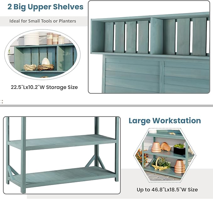 RUNNA 65" Large Wooden Farmhouse Rustic Outdoor Potting Bench Table, Patio Workstation, Garden Potting Bench with 4 Storage Shelves and Side Hook (Green#023)