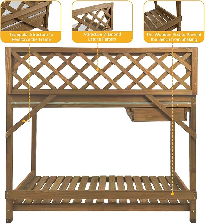 Ketive Garden Potting Bench with Metal Tabletop,Outdoor Potting Table Workstation Benches with Drawer/Storage Shelf，Fir Wood Potting Station Work Table with Open Shelf,Lattice Back (Brown)
