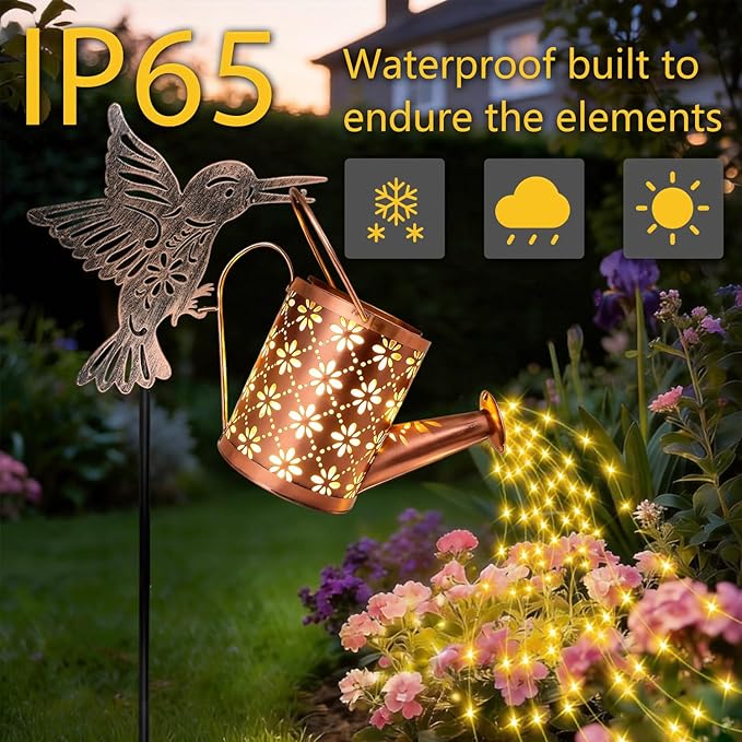 Solar Watering Can with Cascading Lights Outdoor Garden Decor, Bronze Hummingbird Gardening Gifts for Women Mom Grandma Birthday, Solar Lights for Garden Decorations Patio Yard Lawn Backyard