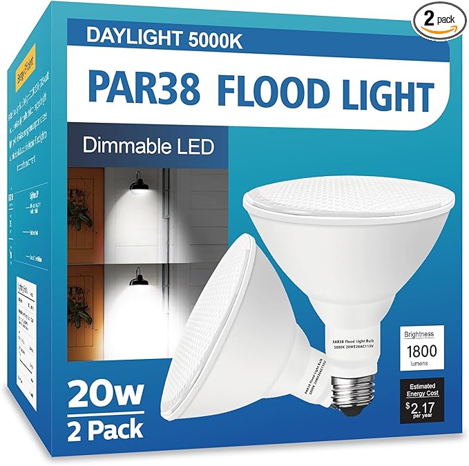 PAR38 LED Outdoor Flood Light Bulbs 2 Pack，Dimmable 20W(200W Equivalent) E26 Base Flood Light Bulbs,5000K Daylight 1800 Lumens LED Flood Light for Outdoor Garden,Garage,Yards