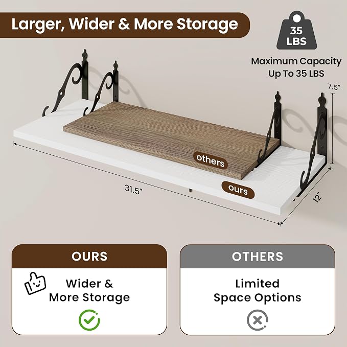 RICHFOCUS 12 Inch Deep Floating Shelves for Wall, 31.5" W x 12" D Wood Wall Shelves Set of 2, Wide Floating Shelves for Living Room, Bedroom, Kitchen, Bathroom and Decor Storage, White