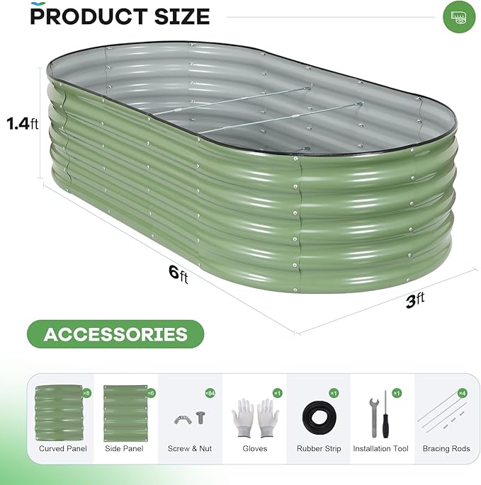 Galvanized Raised Garden Beds Outdoor, 6x3x1.4ft Oval Metal Raised Beds for Gardening, Rust-Resistant Garden Planter Box for Planting Vegetables, Flowers, Fruits in Lawn(Olive Green, 2 Packs)