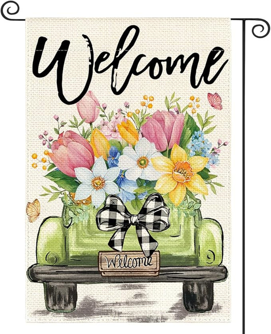 AVOIN colorlife Spring Tulip Garden Flag 12x18 Inch Double Sided Outside, Seasonal Flower Truck Rustic Yard Outdoor Flag