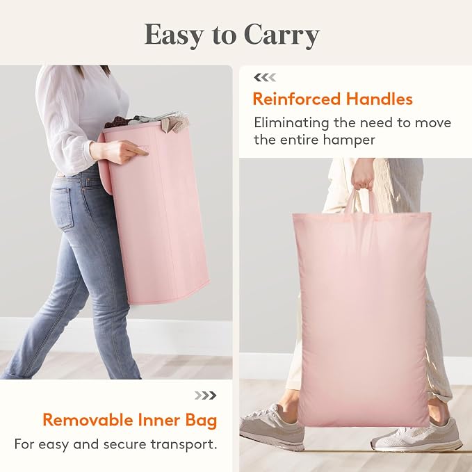 Lifewit Slim Laundry Basket with Lid and Removable Bag, 65L, Pink | Collapsible Narrow Laundry Hamper, Skinny Washing Basket with Plastic Frame, Dirty Clothes Organiser for Laundry, RV, Dorm