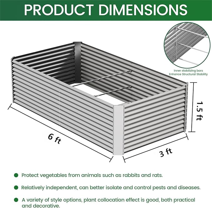 2pcs Tall 6x3x1.5ft Galvanized Raised Garden Bed Outdoor,Steel Garden Bed for Vegetables,Above Ground Garden Box for Flower,Metal Raised Beds for Gardening