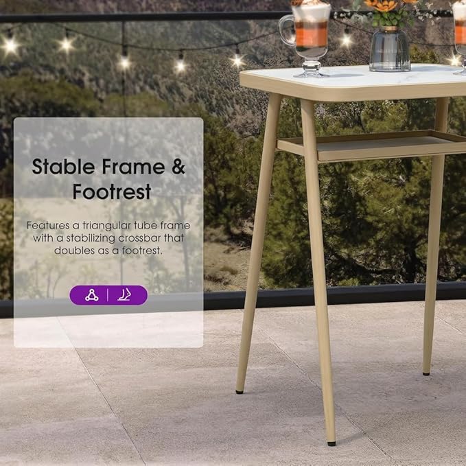PURPLE LEAF Bar Height Table Coffee Table with Shelve for Balcony Outdoor Garden Kitchen Poolside Natural Wood Grain