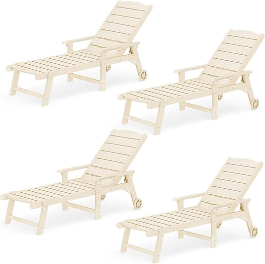 LUE BONA Outdoor Chaise Lounge Chairs Set of 4, HDPS Chaise Lounger, 5 Positions Adjustable Lounge Chairs, Pool Lounge Chair with Wheels for Poolside, Sand